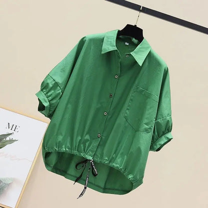 Summer New Bat Sleeve Pockets Shirt Women Loose Casual Short Sleeve Blouse Solid Lace Up Tops Half Shirts Lady High Street Trend