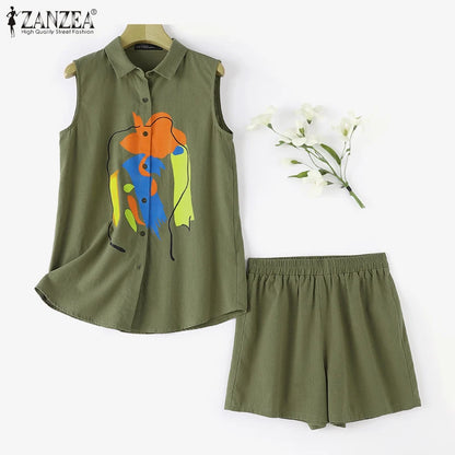 Elegant OL Work Short Sets ZANZEA 2pcs Women Outfits Summer Sleeveless Vest Tops Loose Pant Sets Casual Printed Tracksuits 2024