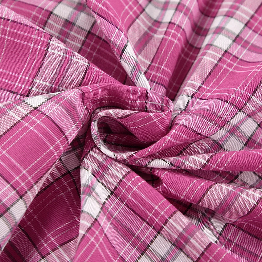 Mnealways18 Pink Brightly Plaid Shirts For Women Spring Summer 2024 Long Sleeves Classic Lapel Blouses And Tops Oversize Checked