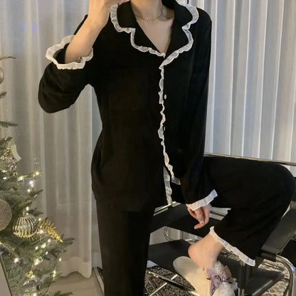 Women's Cute Pajamas Sets Autumn Winter Sleepwear Lady Long Sleeve Tops Pants 2 Pieses Solid Lingeries Sets Loungewear Nightwear