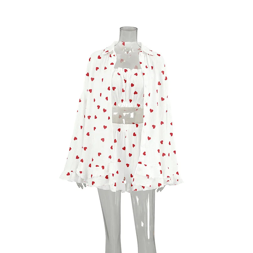 Spring New Fashion Style Love Printed Ruffle Edge Underwear Long sleeved Shorts Three piece Set for Women's Home Fury
