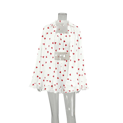 Spring New Fashion Style Love Printed Ruffle Edge Underwear Long sleeved Shorts Three piece Set for Women's Home Fury