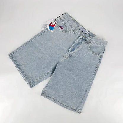Straight Cotton Loose Embroidered Denim Shorts Men's American Retro Five Pants Summer Loose High Street Skater Pants Y2k Cargo