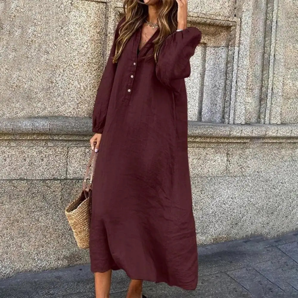 Stylish Button-breasted Dress for Women Elegant V-neck Cotton Linen Dress with Long Sleeves Button Decoration for Summer Ladies