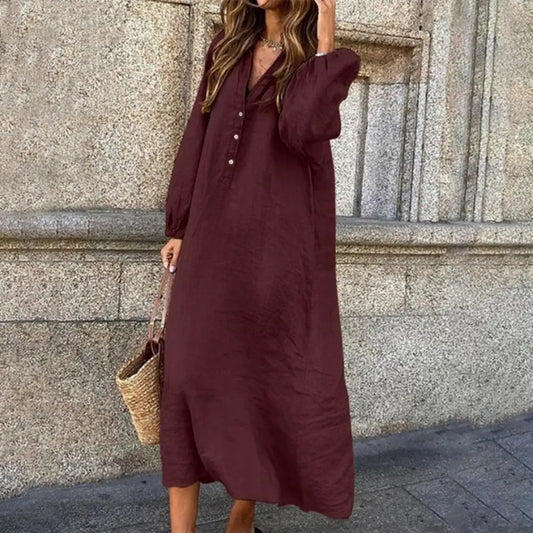 Stylish Button-breasted Dress for Women Elegant V-neck Cotton Linen Dress with Long Sleeves Button Decoration for Summer Ladies