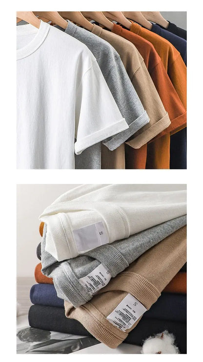 Japanese 320G Heavyweight Short Sleeve T-shirt Men's Summer Pure Cotton Thick Neckline Pure White Half Sleeve T-shirt
