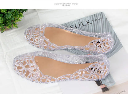 Summer women sandals flat-soled crystal clogs hollow flat-soled slip-ons shallow mouth Roman jelly shoes beach sandals