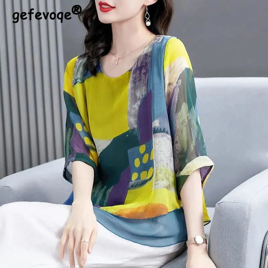 Summer Elegant Fashion Printing Oversized Chiffon Shirts Femme Harajuku Sleeve Pullover Tops Women Loose Casual All-match Blouse