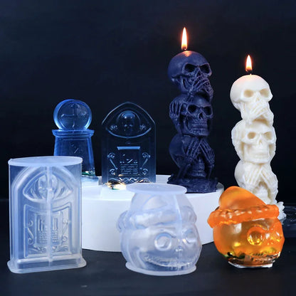 Halloween Ornament Candle Silicone Mold  DIY Handmade Epoxy Resin Pumpkin Tombstone Triple Skulls Wax Craft Molds Party Supplies