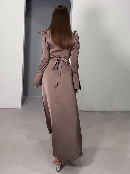 Eid women Dress for woman V Neck Belt Satin Maxi Long Dresses Abaya Ramadan Lace-up Abayas Kaftan Dubai Arab Modest Long Robe
