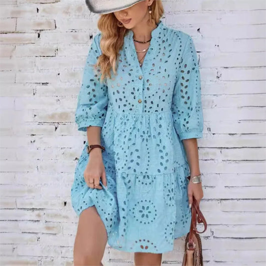 Spring Summer New Solid Color Hollow Out Fashion 7 Point Sleeve Dress Wmen's Casual Loose Simple Elegant Female Holiday Dresses