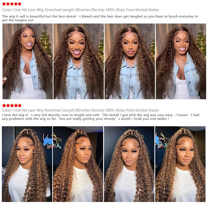Deep Wave P4/27 Color Curly Wigs 200 Density 13x4 HD Transparent Lace Front Human 100% Natural Brazilian Hair Frontal Wigs