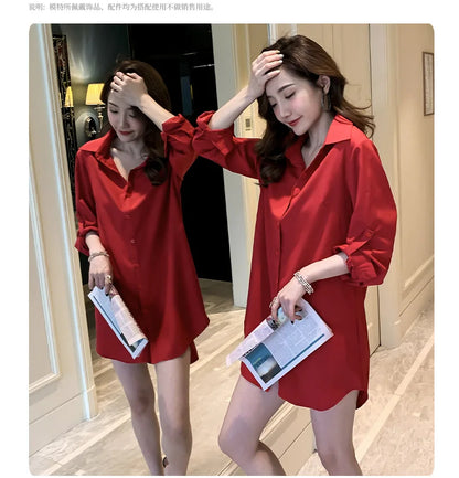 Mid-Length White Shirt Women BF Sexy Shirt Pajamas Female Skirt Ladies Tops Loose 2023 Autumn Clothing Women Shirts and Blouses