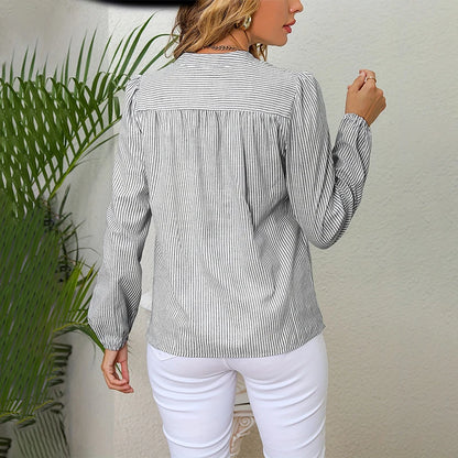 Women's shirt striped design multi-color style summer V-neck commuter white-collar white-collar work fashion long-sleeved new ca