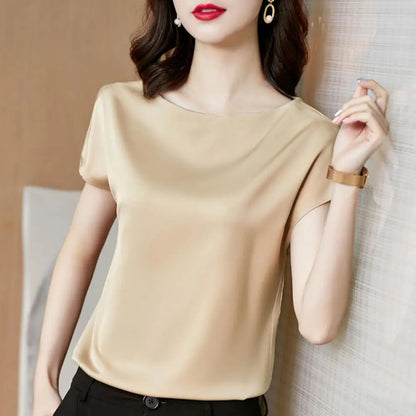 O Neck Lady T-shirt Blouse Spring Women Casual Solid Color Short Sleeve Blouses Shirts Loose Pullover Tunic Blusas Women Clothes