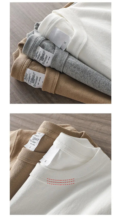 Japanese 320G Heavyweight Short Sleeve T-shirt Men's Summer Pure Cotton Thick Neckline Pure White Half Sleeve T-shirt