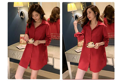 Mid-Length White Shirt Women BF Sexy Shirt Pajamas Female Skirt Ladies Tops Loose 2023 Autumn Clothing Women Shirts and Blouses