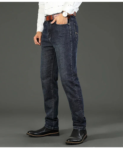 2025 Fashion Four Seasons Classic Blue Black Work Denim Trousers  Men's Jeans Casual Straight Stretch Male Brand Clothing