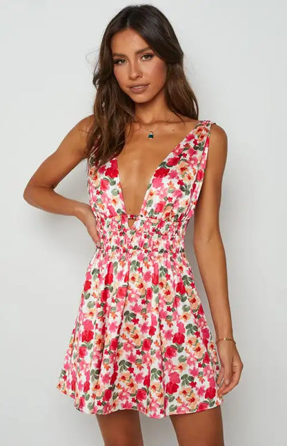 New Women Elegant Floral Printed Mini Dress Sleeveless V Neck Backless Flower Print Summer Club Party Dress Hot Sale S-XL