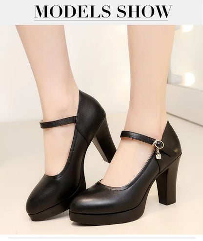 High Heels Platform Pumps Mujer 2022 Spring New Fashion Buckle Solid Black Shoes Woman PU Leather Waterproof Shoes Femme