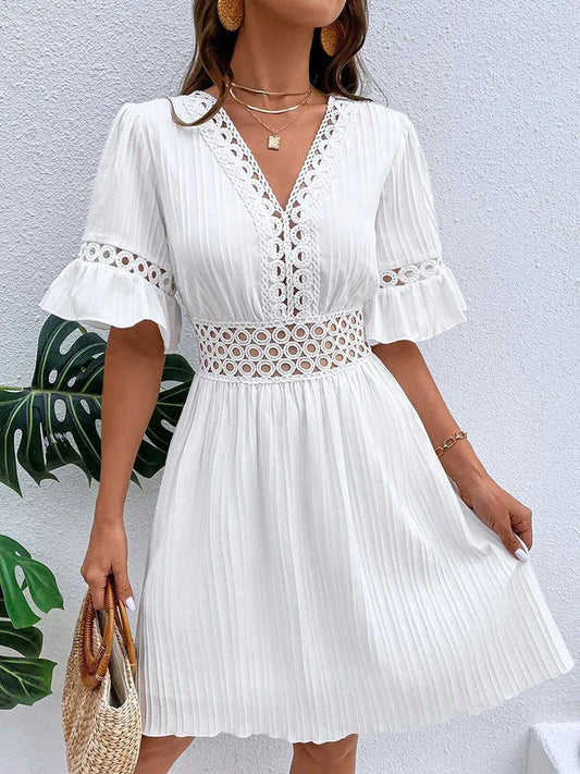 Elegant Women White Midi Summer Dress Lace Patchwork Hook Flower Hollow Short Sleeve Fashion V-neck Party Dresses For Women New