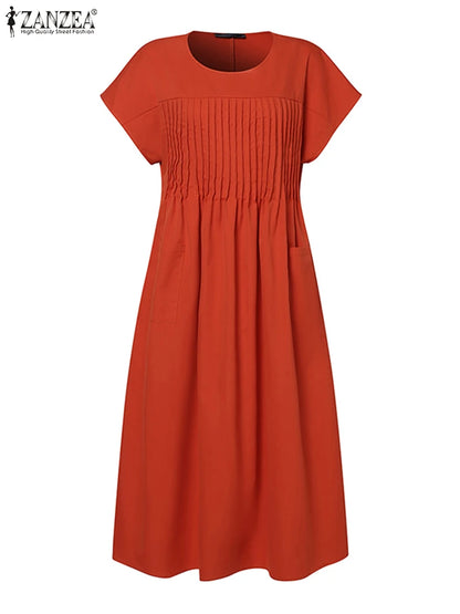 Elegant Summer Sundress ZANZEA Fashion O-Neck Short Sleeve Dress Women's Dresses 2023 Retro Pleated Trim Kaftan Vestidos Robe