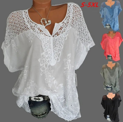 Large Size Loose Short-Sleeved Lace Women Blouses Cotton Blouses 2024 Summer V-neck White Shirt Tops Sexy Fashion Women Shirt
