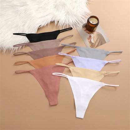 5PCS Women Seamless Underpants Ice Silk Thongs Sexy Low Waist Bikini T-back Female Solid Color Traceless G-String Panties XS-XL