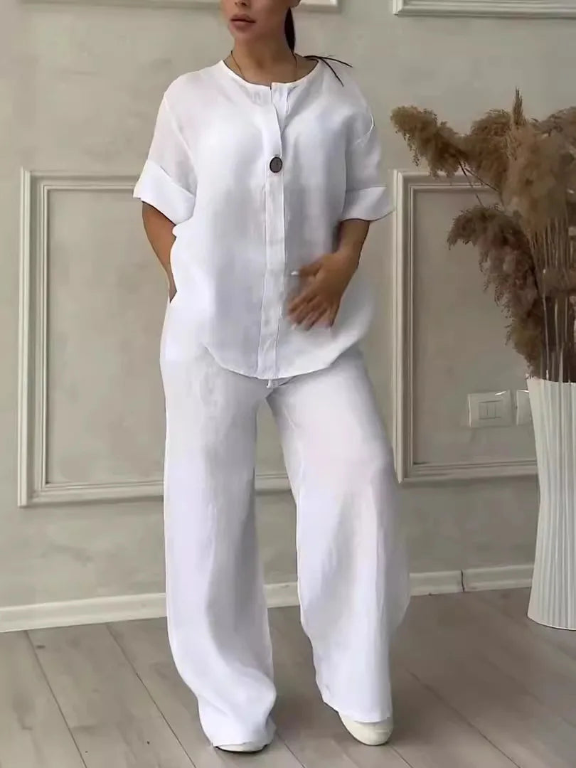 Women's Cotton and Linen Pants Suit Casual Solid Color Pullover Pants 2-piece Set White Pink