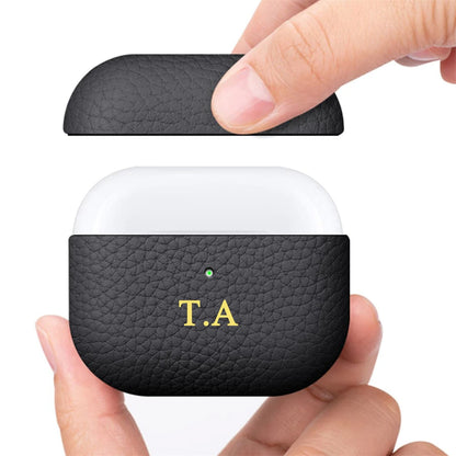 Personalized gold Initials Letters Customize Earphone Case For Airpods 1 2 3 Pro2 Luxury Lychee Skin Pattern With Keychain Cover