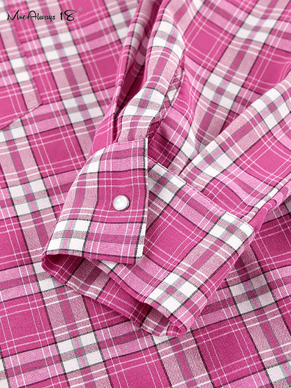 Mnealways18 Pink Brightly Plaid Shirts For Women Spring Summer 2024 Long Sleeves Classic Lapel Blouses And Tops Oversize Checked