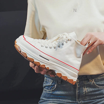 Trendy High Top Canvas Shoes for Women 2024 New Thick Sole Heightening Retro Simple Casual Vulcanized Shoes Zapatos De Mujer