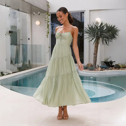 European And American Women's New Spliced Suspender Long Backless Tie Big Swing Dress With Lining