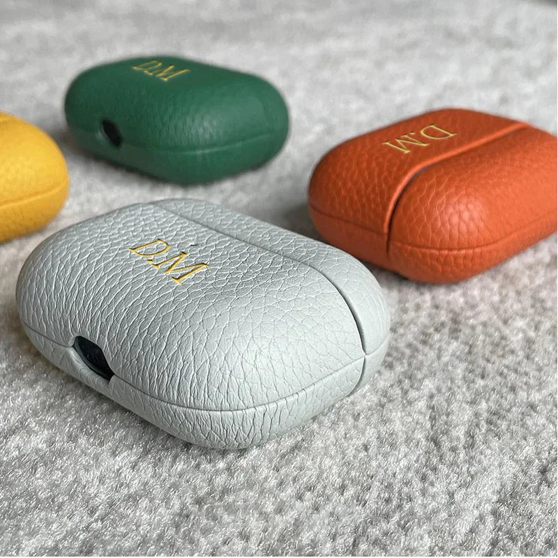 Luxury Lychee Skin Pattern Earphone Case For Airpods 1 2 Pro 3 Personalized Gold Initials Letters Customize Cover