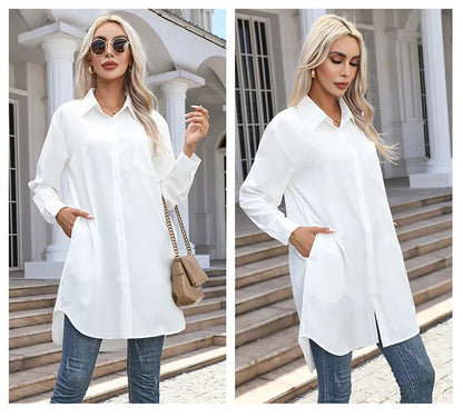 Long Shirt Women 2023 Vintage Pocket Shirts &Blouses Oversized Long Sleeve Blouse Fashion Women's Clothing Button Up Womens Tops