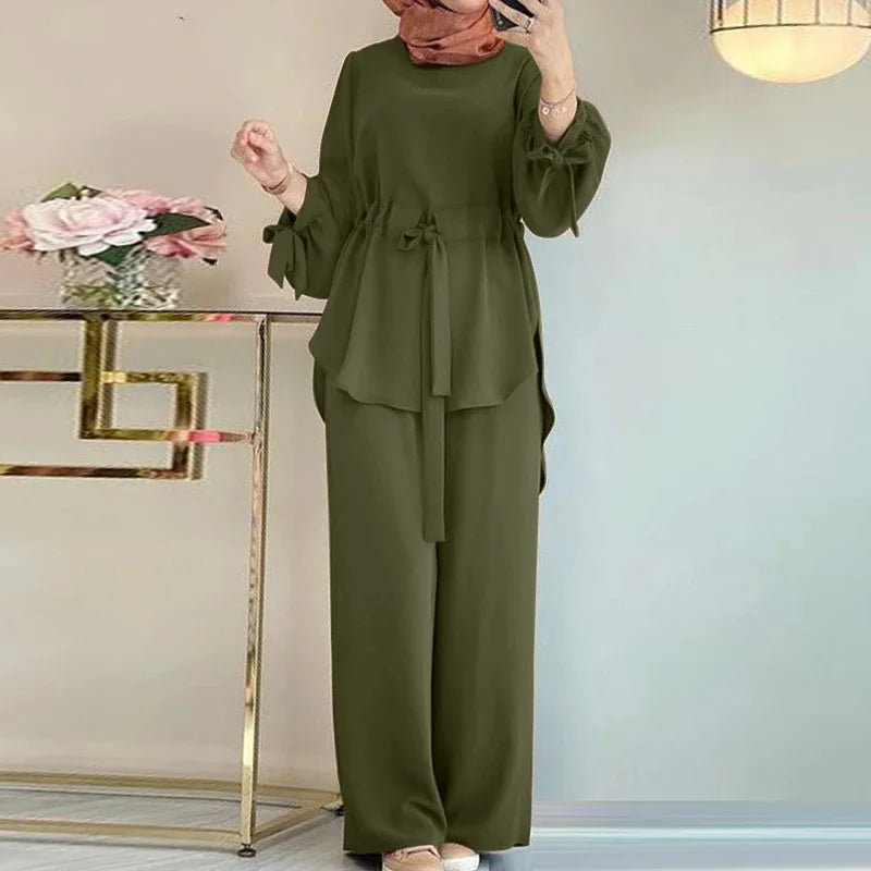 Eid Muslim Outfits Women Shirt Sashes Wide Leg Pants Suit Ramadan Morocco Dubai Islam 2 Piece Set Arab Jalabiya Modest Ensemble