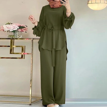 Eid Muslim Outfits Women Shirt Sashes Wide Leg Pants Suit Ramadan Morocco Dubai Islam 2 Piece Set Arab Jalabiya Modest Ensemble