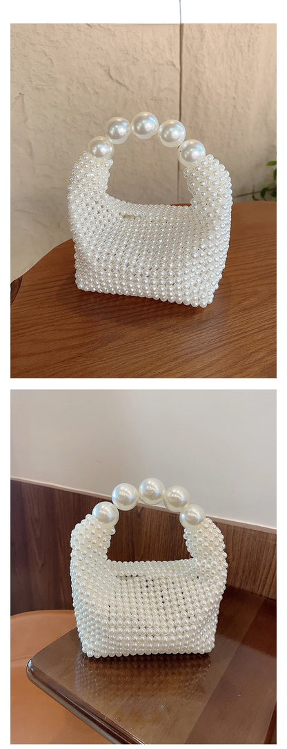 Beaded Woven Tote Bags for Women Pearl Purses and Handbags Ladies Evening Party Hand Bags Holiday Purse