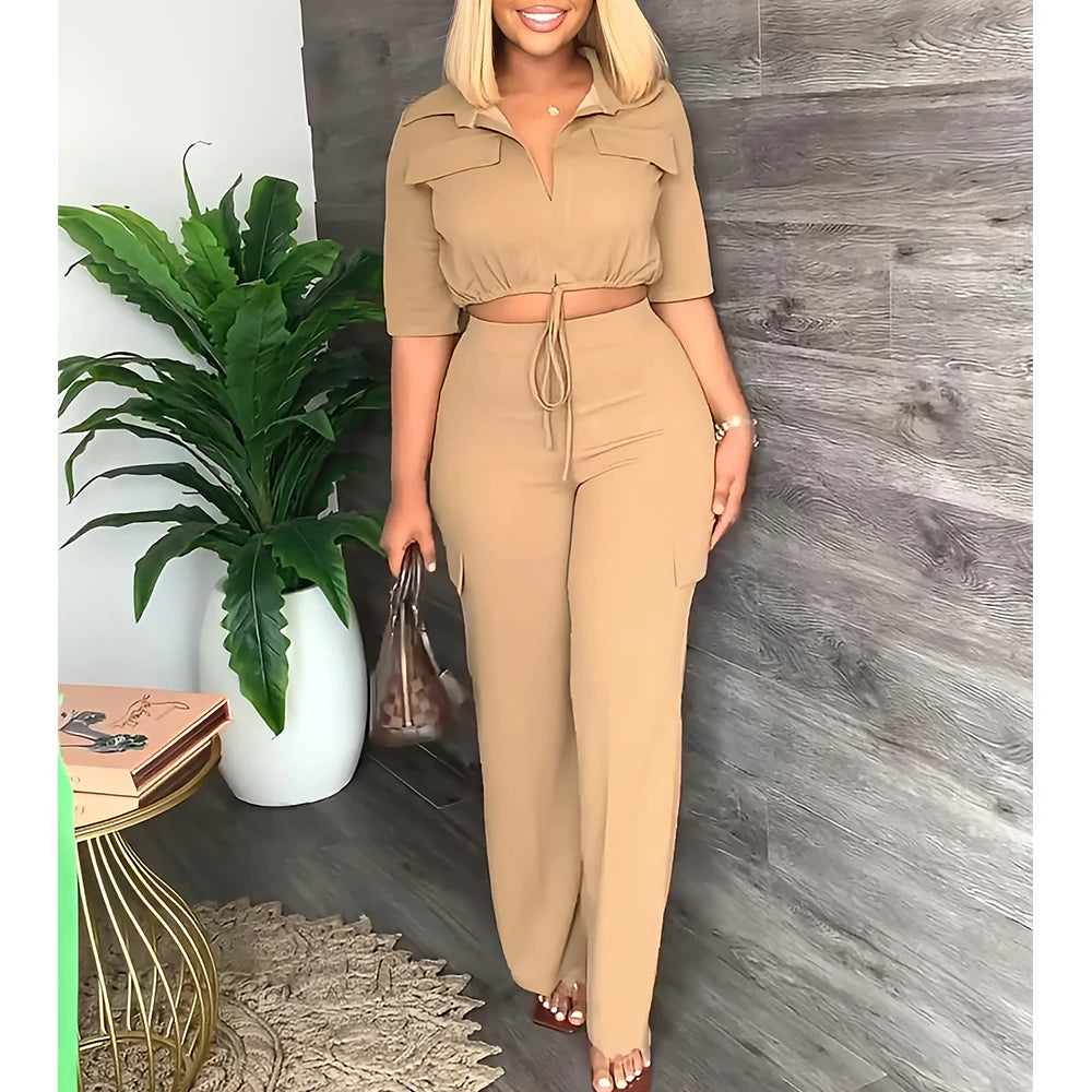 Elegant Women's Set Casual Drawstring Half Sleeve Short Blouse High Waist Straight Wide Leg Pant Suit Tracksuit Two Piece Outfit