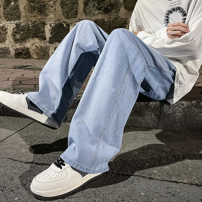 Korean Fashion Men's Baggy Jeans Elastic Waist  Classic olid Color Straight-leg Denim Wide-leg Pants Male Light Blue Grey Black