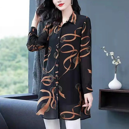 Lapel Long Sleeve Casual Shirt Single-breasted Thin Mid-aged Blouse Top Mother Printing Mid-length Shirt Daily Garment