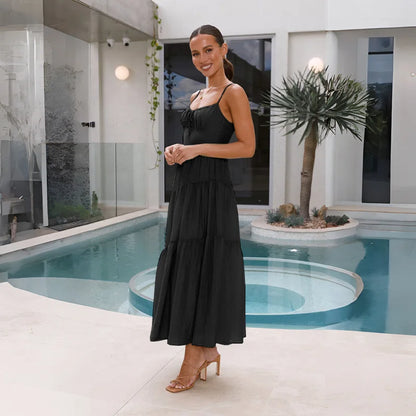 European And American Women's New Spliced Suspender Long Backless Tie Big Swing Dress With Lining