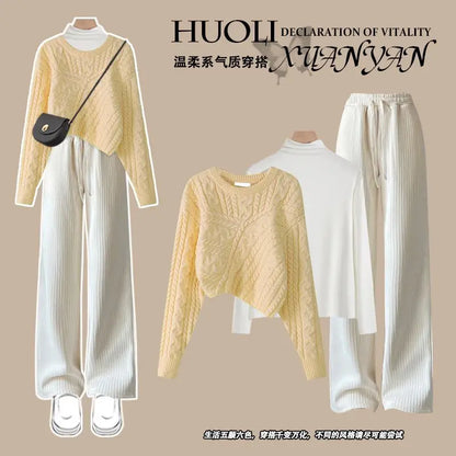 Autumn and Winter Set Women's 2024 New Korean Knitted Sweater Women's Underlay Casual Pants Three Piece Set Winter Clothes Women