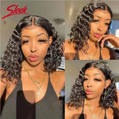 Sleek Brazilian Water Remy Deep Curly Hair Bob Wigs Natural Black Color T Lace Front Part Bob Wigs 200% Density Ombre T1B/27 Wig