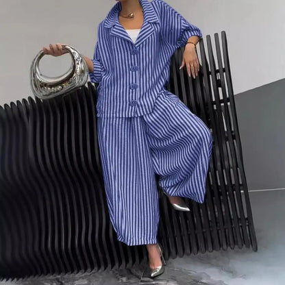 Wide-leg Pants Suit for Women Autumn Women's Casual Suit with Long-sleeved Shirt Top Wide-leg Harem Pants Lapel Striped