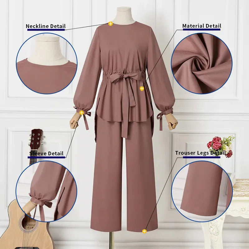 Eid Muslim Outfits Women Shirt Sashes Wide Leg Pants Suit Ramadan Morocco Dubai Islam 2 Piece Set Arab Jalabiya Modest Ensemble