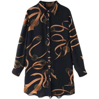 Lapel Long Sleeve Casual Shirt Single-breasted Thin Mid-aged Blouse Top Mother Printing Mid-length Shirt Daily Garment