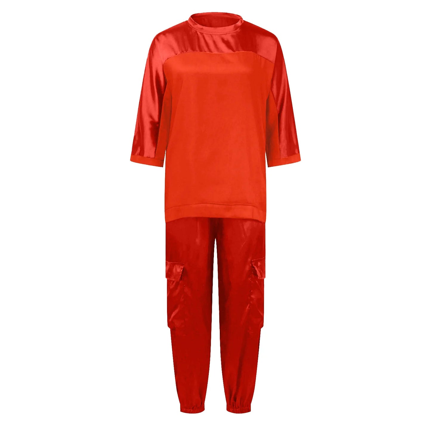 Women's Smooth Satin Short-sleeved Top and Pants Two-piece Set Spring O-neck Lace Up Outfits Summer Sleek Elegance Leisure Suit