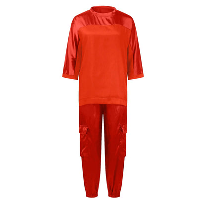 Women's Smooth Satin Short-sleeved Top and Pants Two-piece Set Spring O-neck Lace Up Outfits Summer Sleek Elegance Leisure Suit
