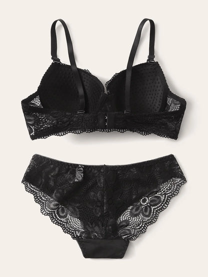 Transparent Floral Two Pieces Bras Panties Set Clothing Sexy Underwire Push Up Lingeries For Women A2123